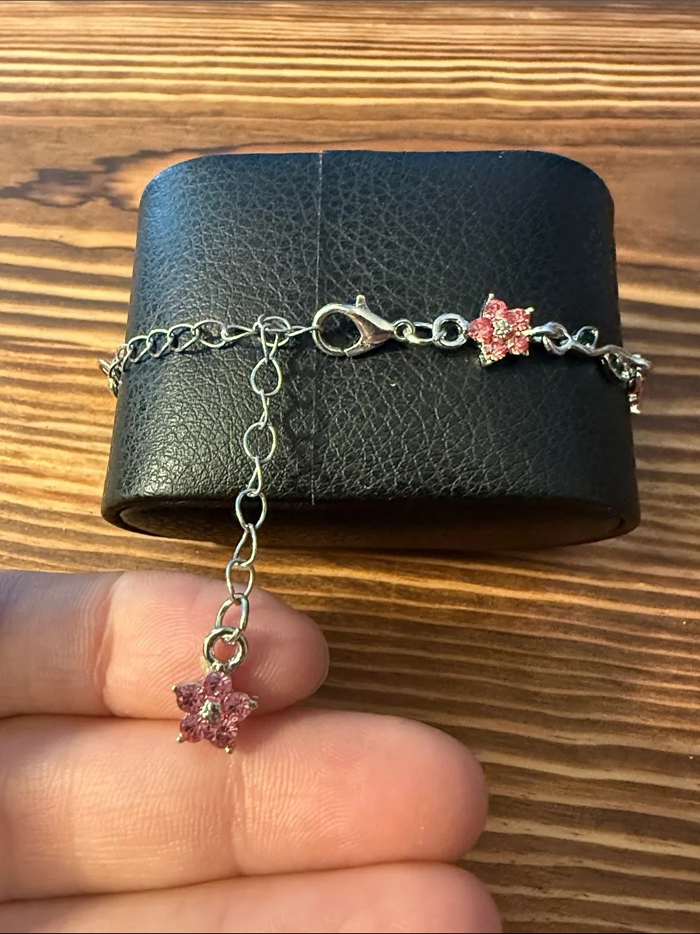 Silver Pink Crystal Flower Chain Bracelet for Women Stainless Steel